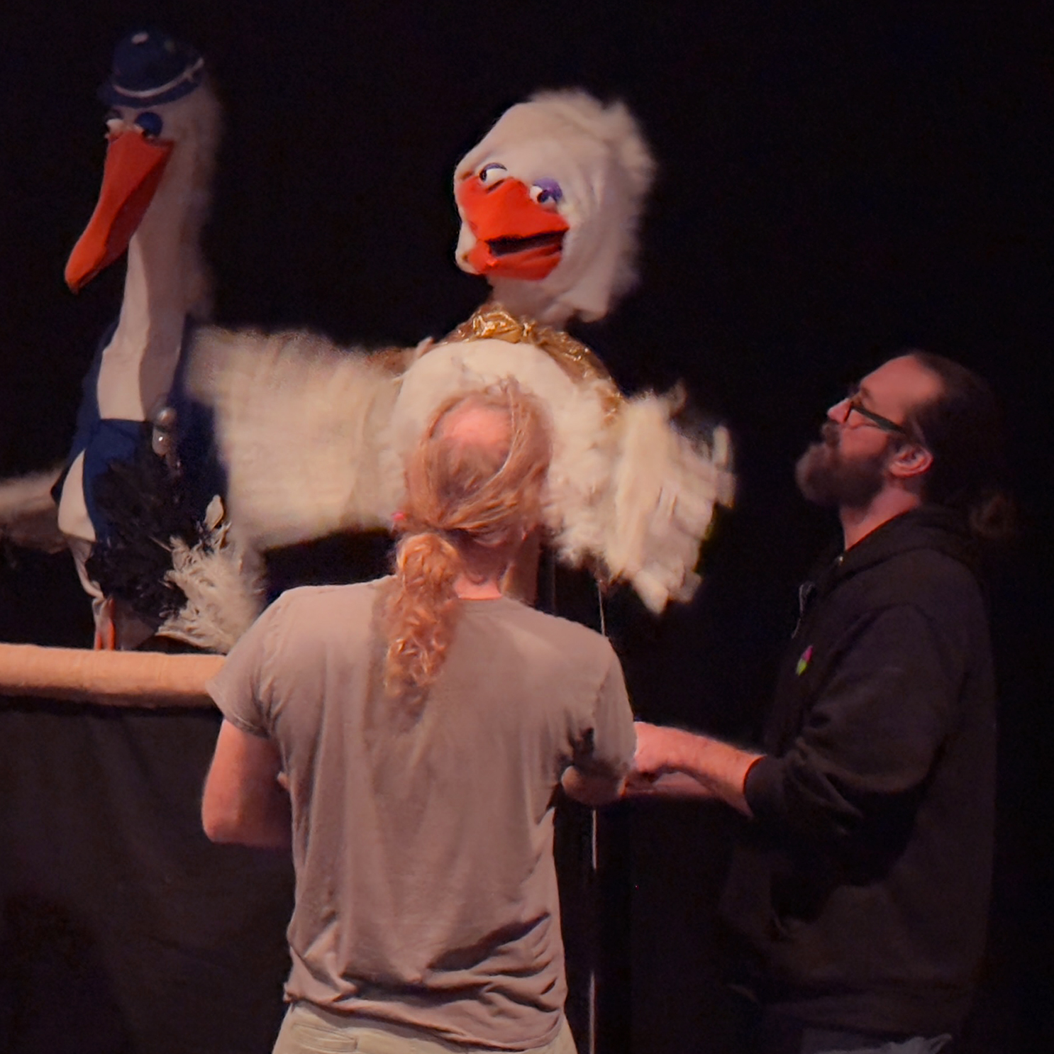Nathan Greene and Dennis Eustace rehearse for Tucson Puppet Cabaret 2025